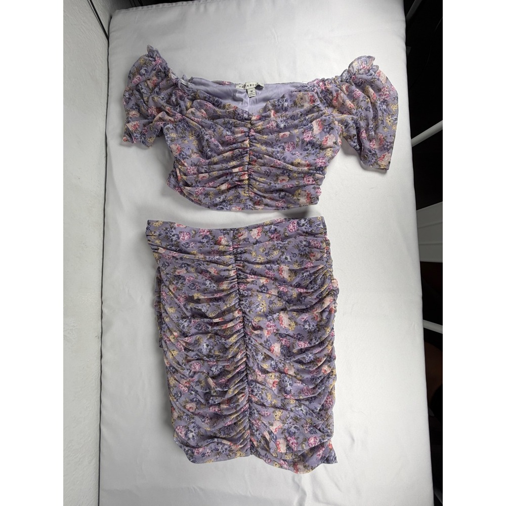 Haute Monde Two Piece Skirt Set Womens M Purple Excellent Floral Ruched Mesh Y2K